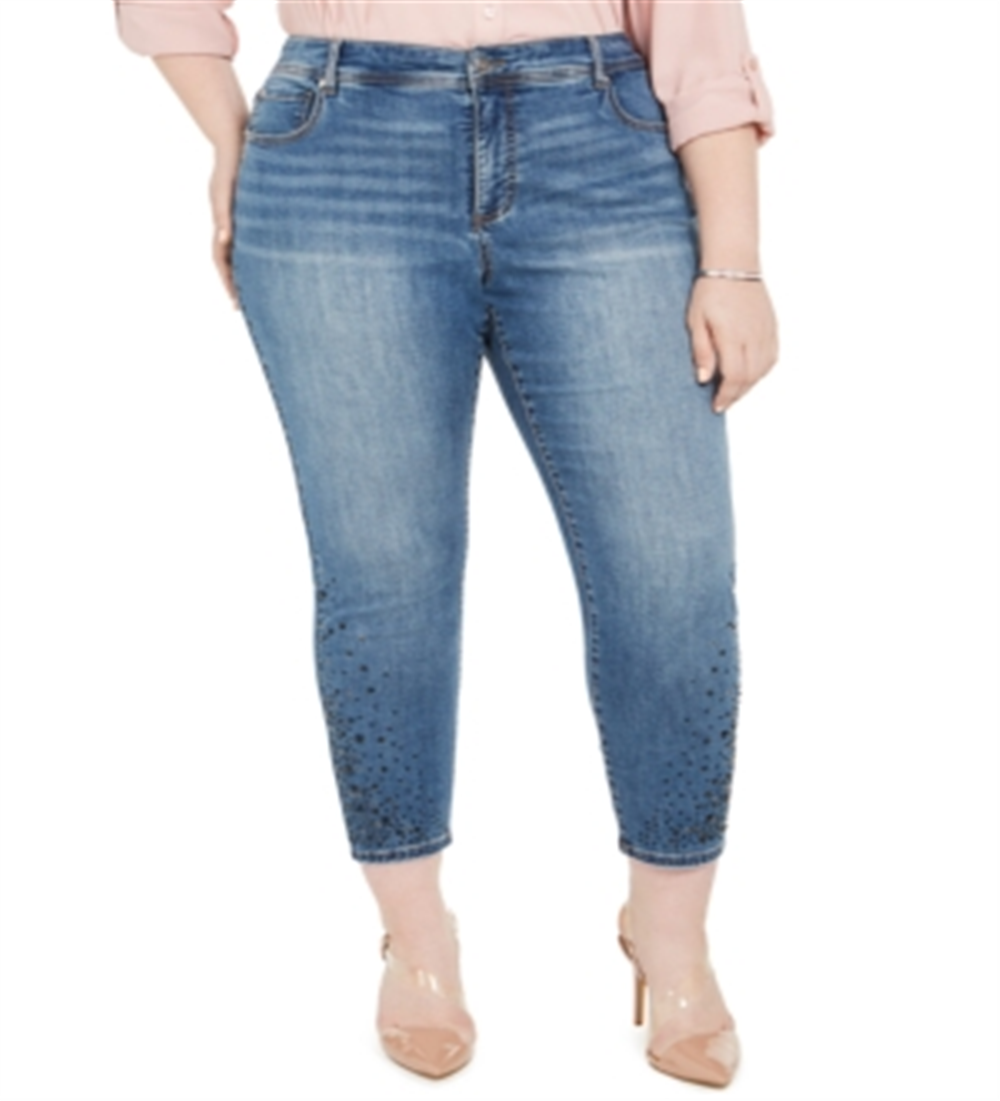 INC International Concepts Women's Rhinestone Ankle Skinny Jeans Blue Size 28W