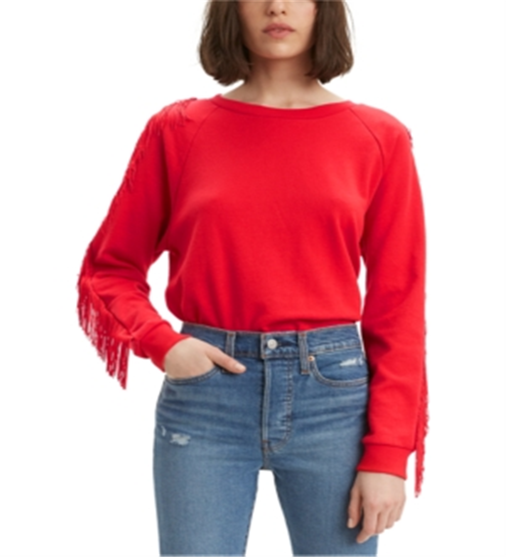 लेविस वीमेन का फ्रिंज्ड क्रूनेक स्वेटशर्ट रेड साइज़ XXL