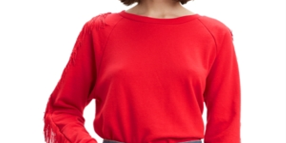 लेविस वीमेन का फ्रिंज्ड क्रूनेक स्वेटशर्ट रेड साइज़ XXL