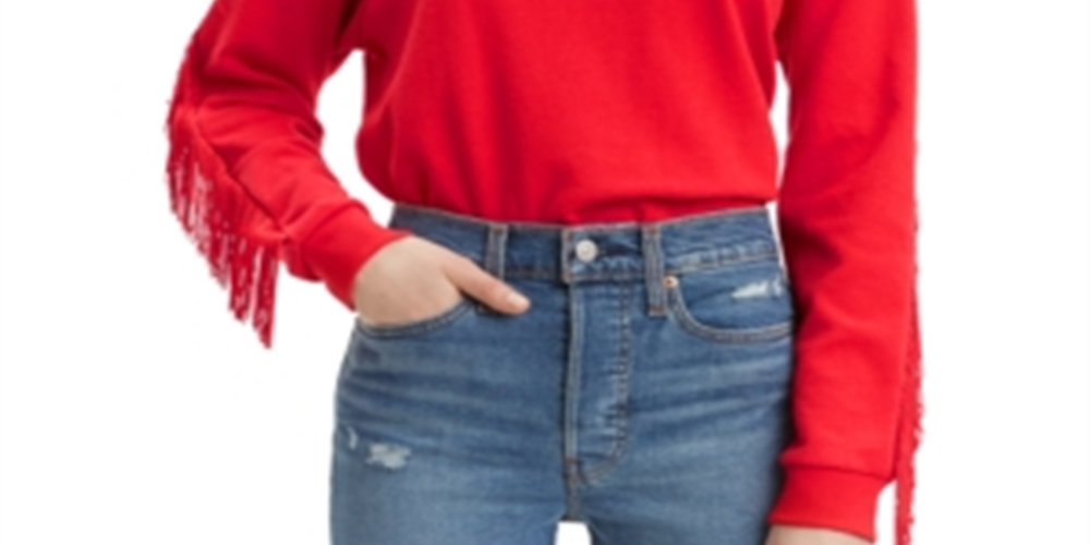 लेविस वीमेन का फ्रिंज्ड क्रूनेक स्वेटशर्ट रेड साइज़ XXL
