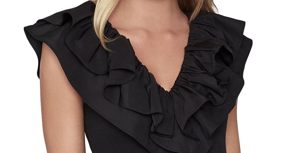 Bcbgmaxazria महिलाओं के लिए पेपलम रफ़ल्ड टॉप काला साइज़ XXS