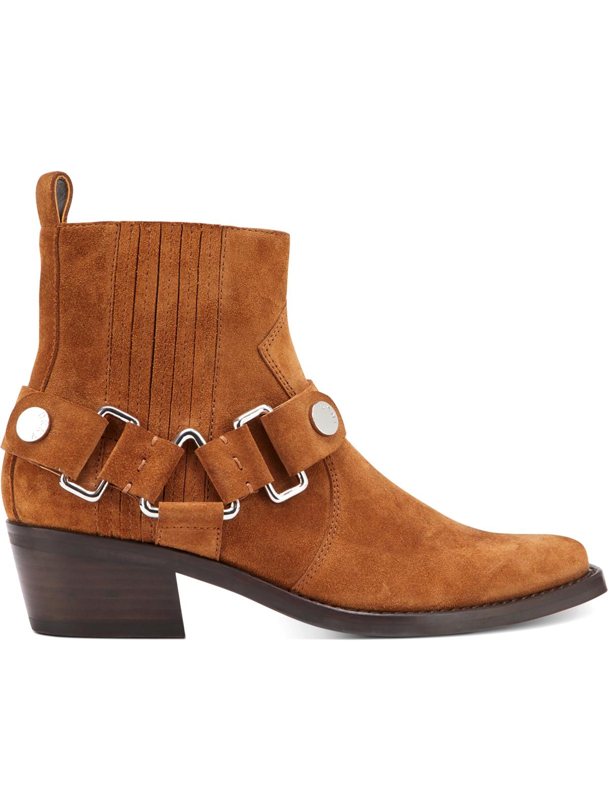 Dkny Womens Brown Harness Strap Geometric Hardware Stretch Gore Padded Mina Square Toe Block Heel Zip-up Leather Booties 6 M