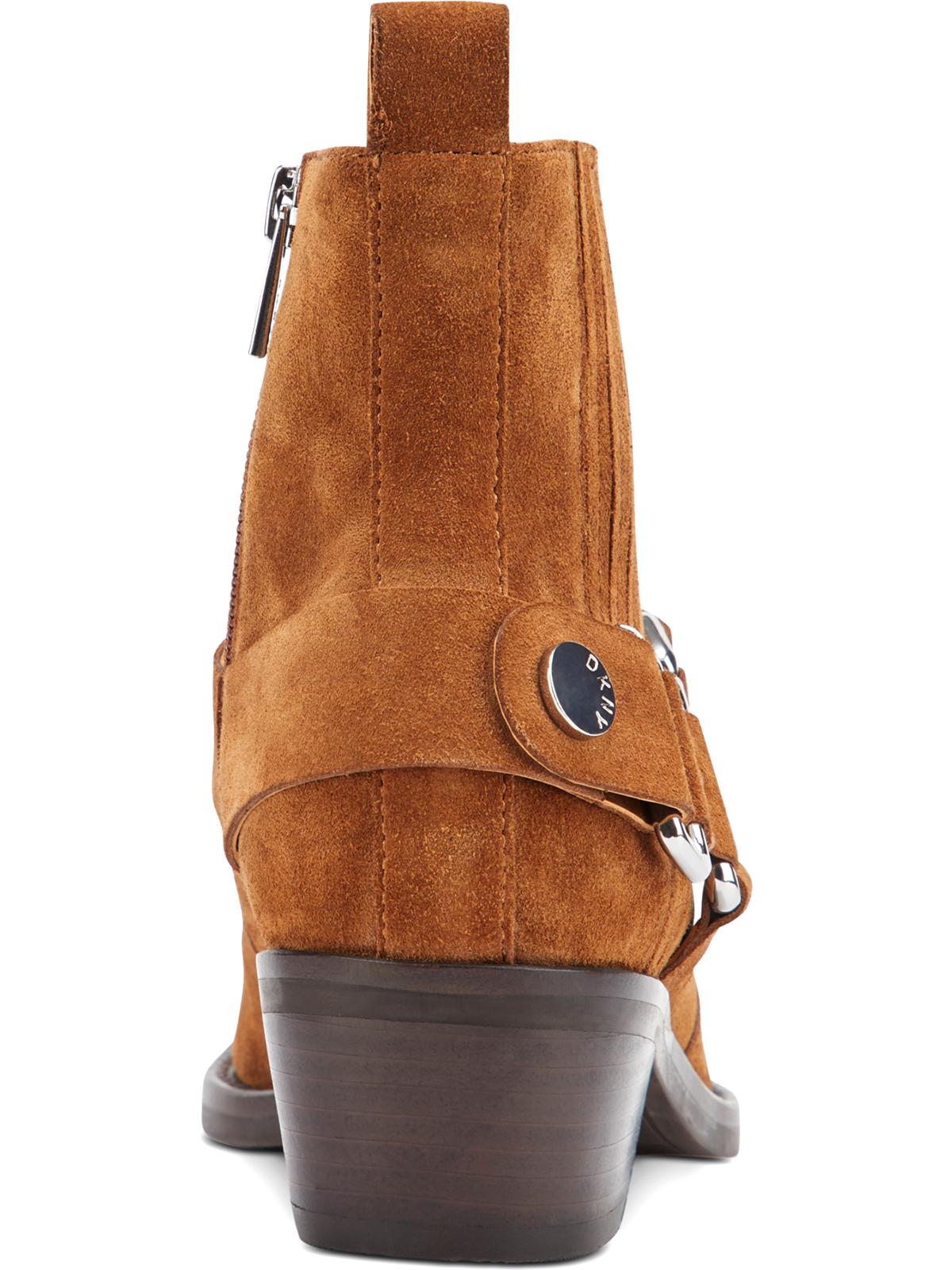 Dkny Womens Brown Harness Strap Geometric Hardware Stretch Gore Padded Mina Square Toe Block Heel Zip-up Leather Booties 6 M