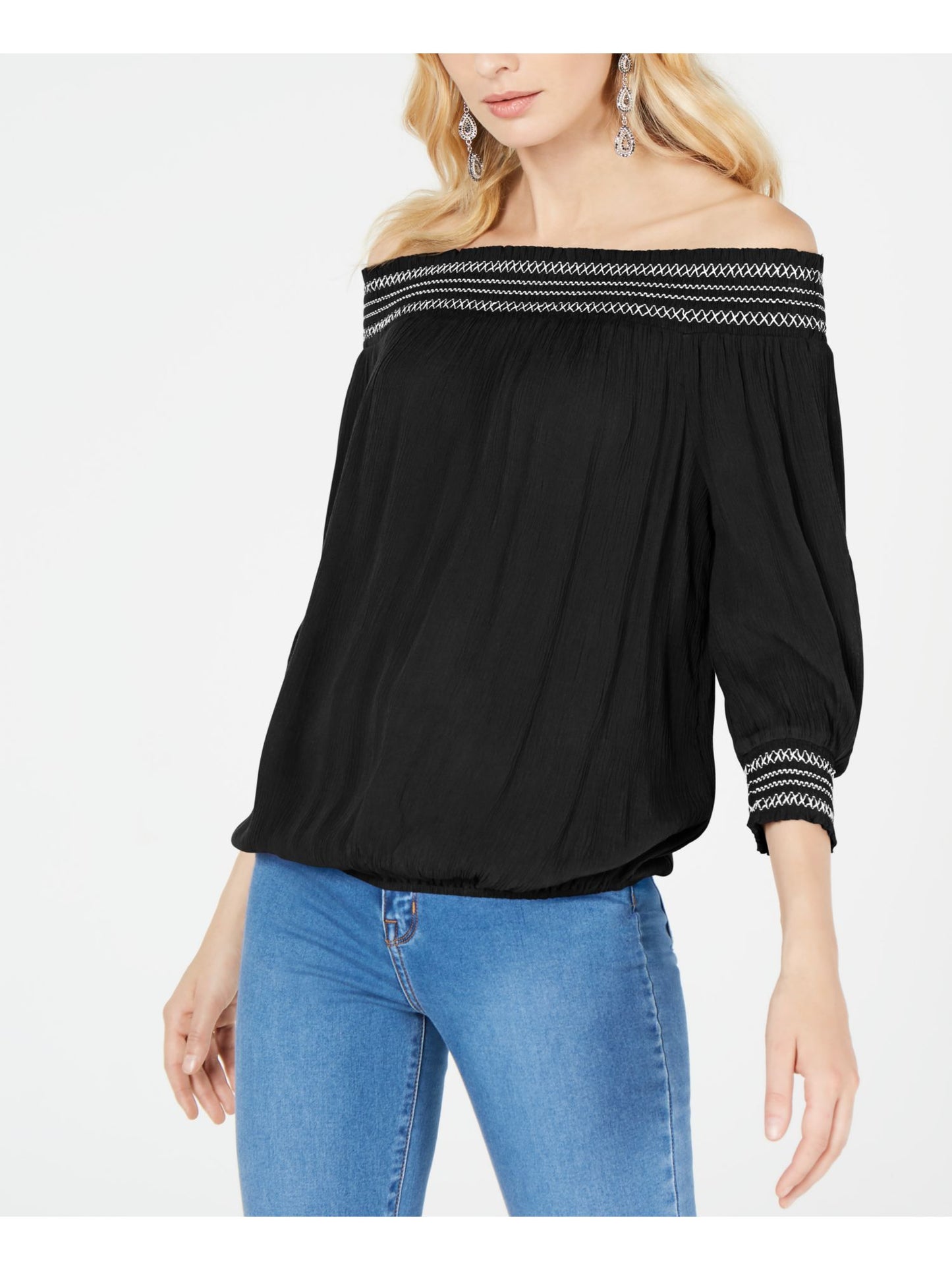 INC International Concepts Women's Ribbed 3/4 Sleeve Off Shoulder Blouse Black Size X-Small