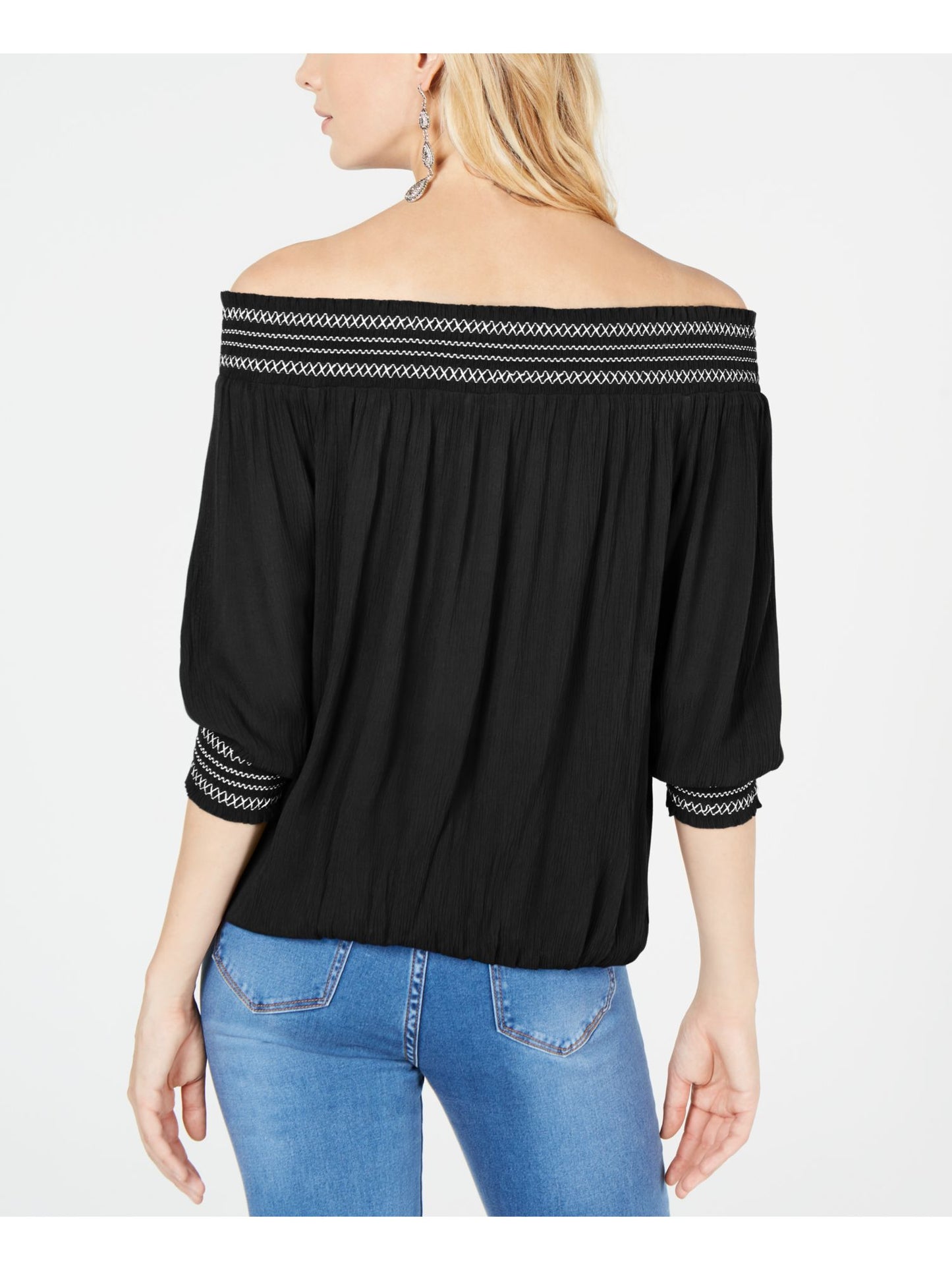 INC International Concepts Women's Ribbed 3/4 Sleeve Off Shoulder Blouse Black Size X-Small