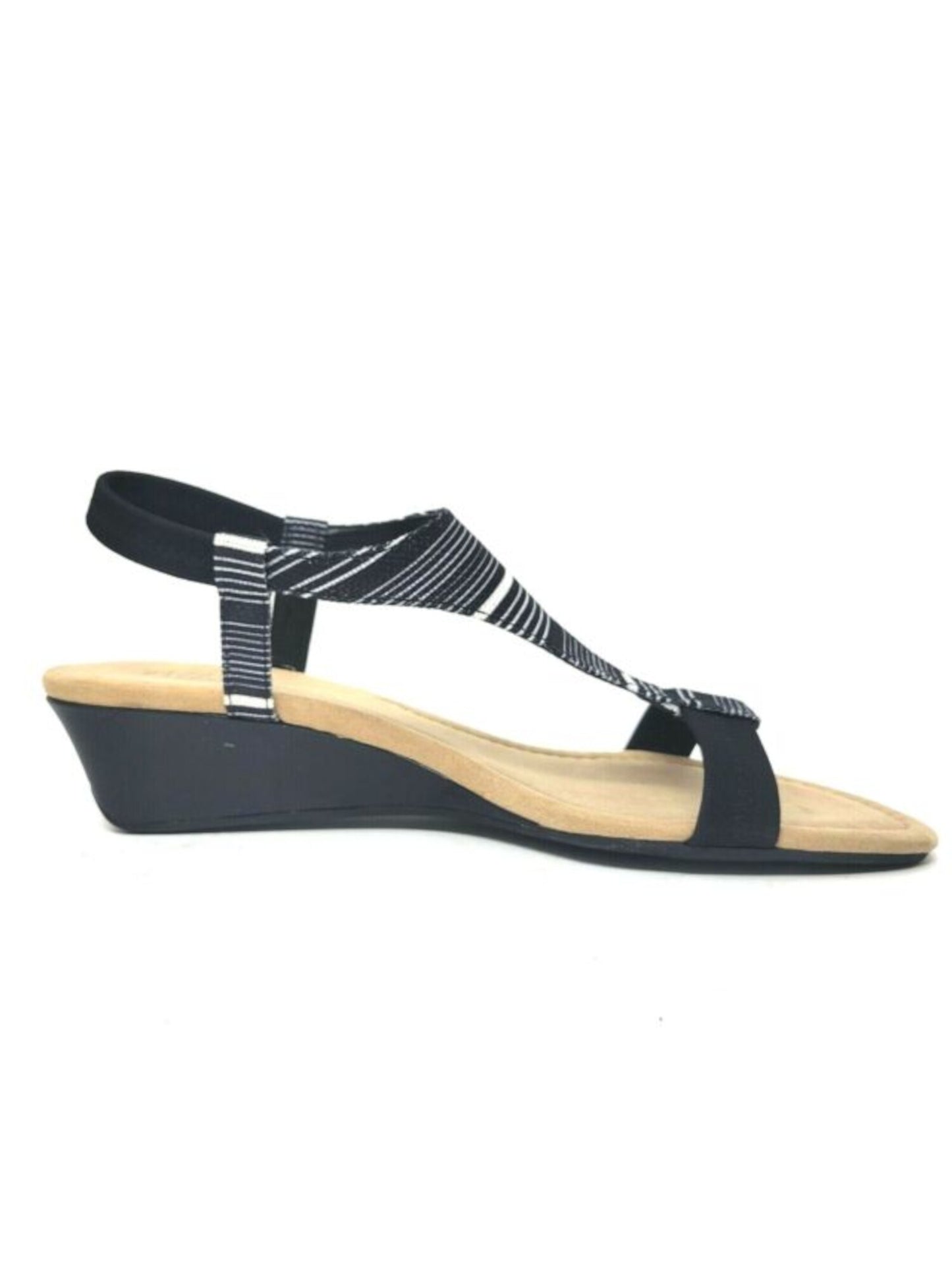 Alfani Womens Black Striped Paddeed Stretch T-Strap Vacanzaa Round Toe Wedge Slip on Sandals 6 M