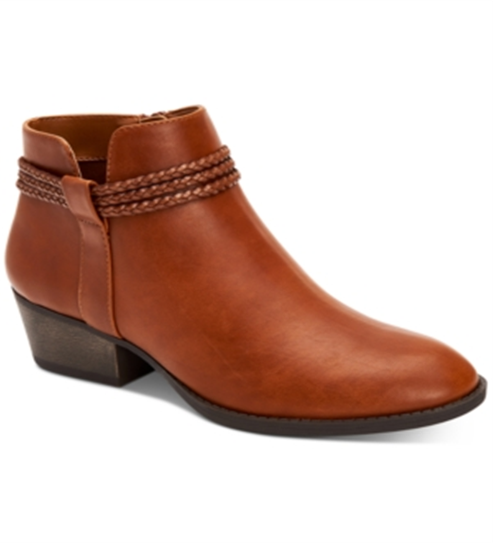 Style & Co Women's Side Cutouts Braided Fellicity Round Toe Block Heel Zip up Booties Brown Size 9.5 M