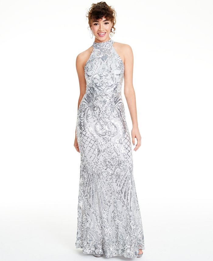B Darlin Women's Sequined Patterned Halter Full Length Party Mermaid Dress Gray Size 5\6