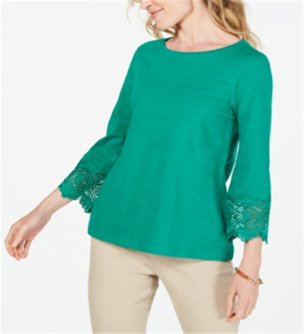 Charter Club Women's Cotton Lace Trim Top Green Size Petite Small