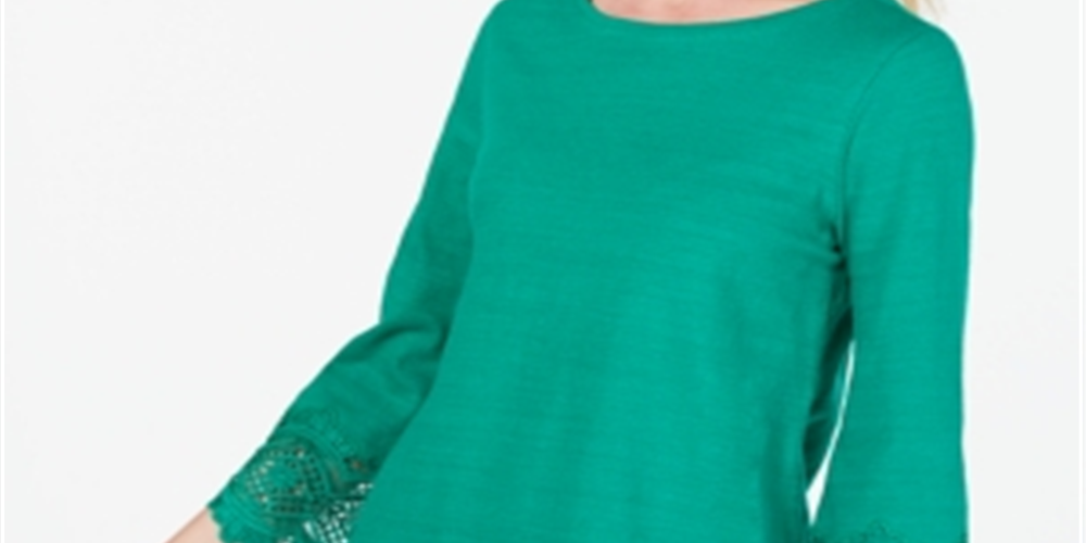 Charter Club Women's Cotton Lace Trim Top Green Size Petite Small