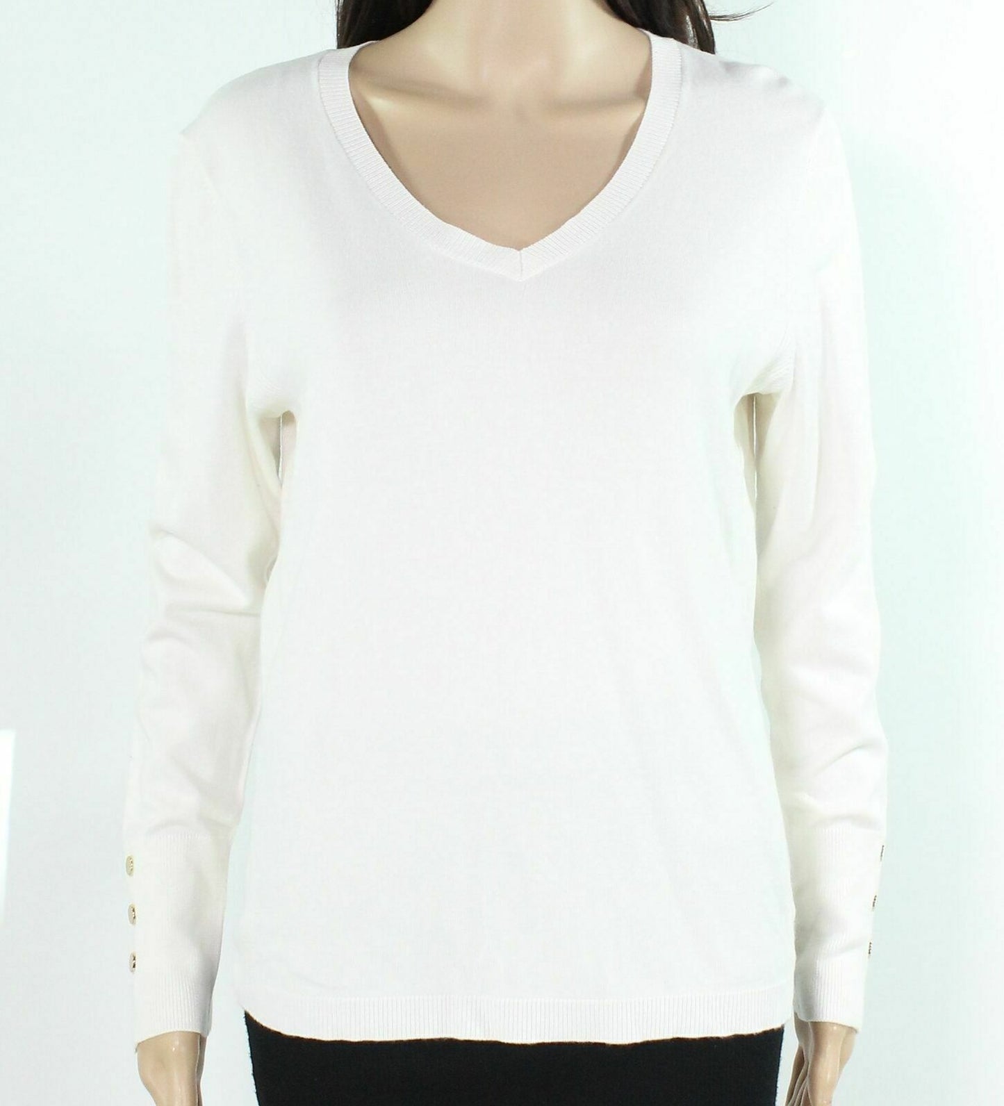 JM Collection Women's Button Cuff V Neck Pullover Sweater White Size Small