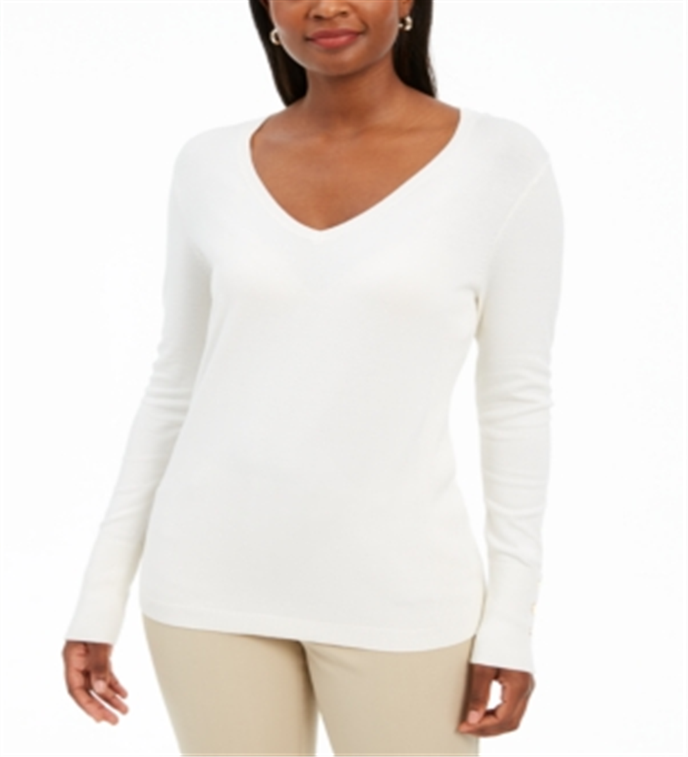 JM Collection Women's Button Cuff V Neck Pullover Sweater White Size Small
