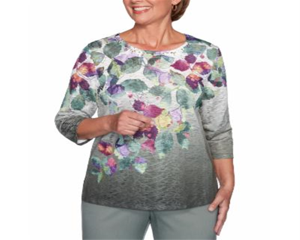 Alfred Dunner Women's Loire Valley Falling Leaves Tee Gray Size Petite Medium