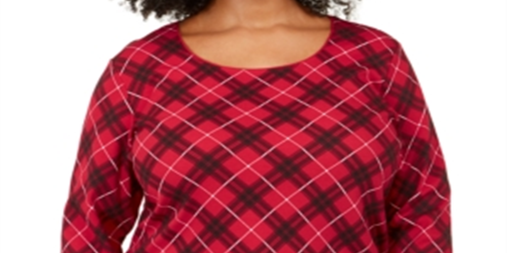Karen Scott Women's Plus Top Plaid Scoop Neck Red Size 1X