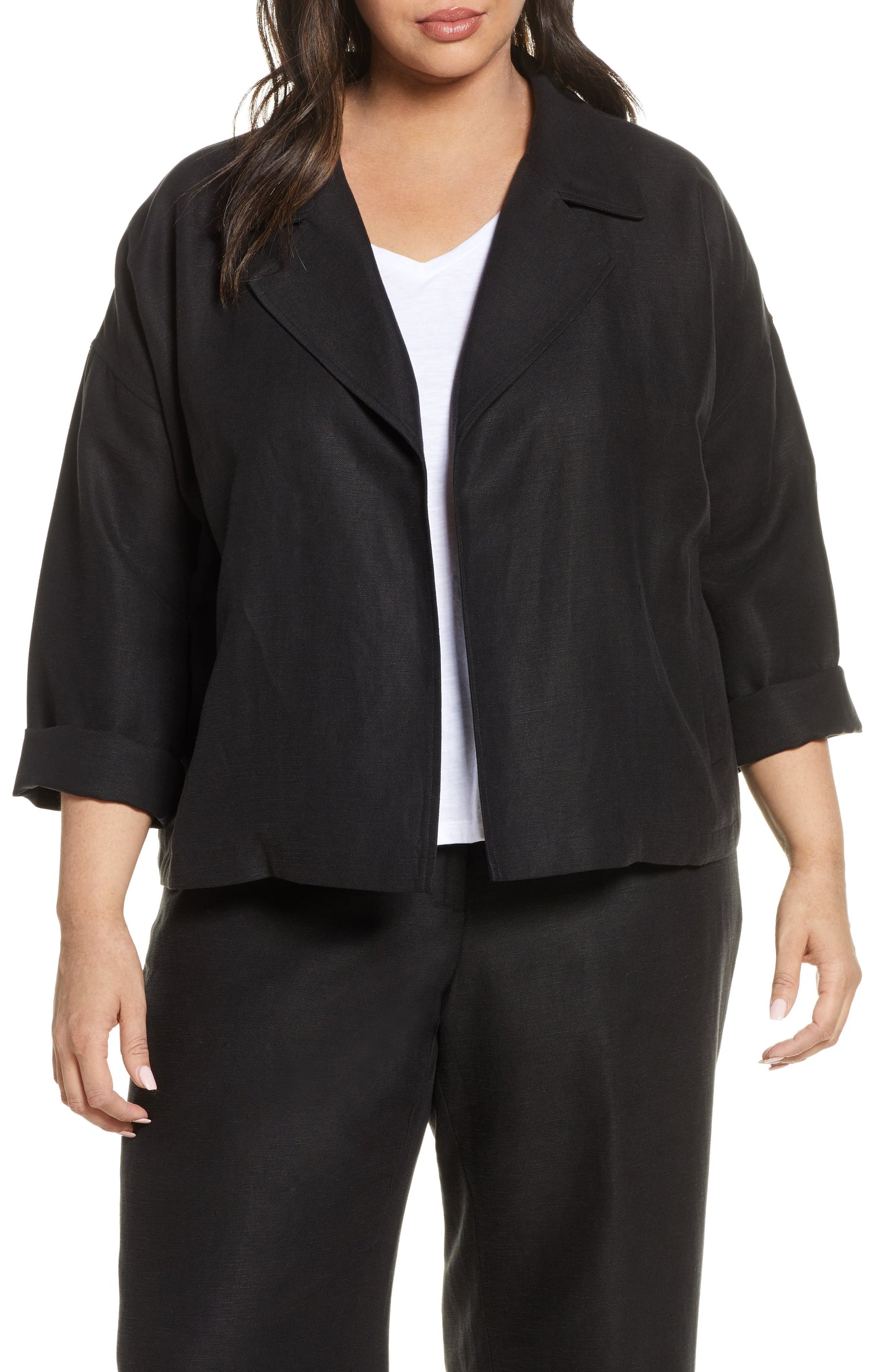 Eileen Fisher Womens Plus Linen Blend Slub Blazer Black Size 2X