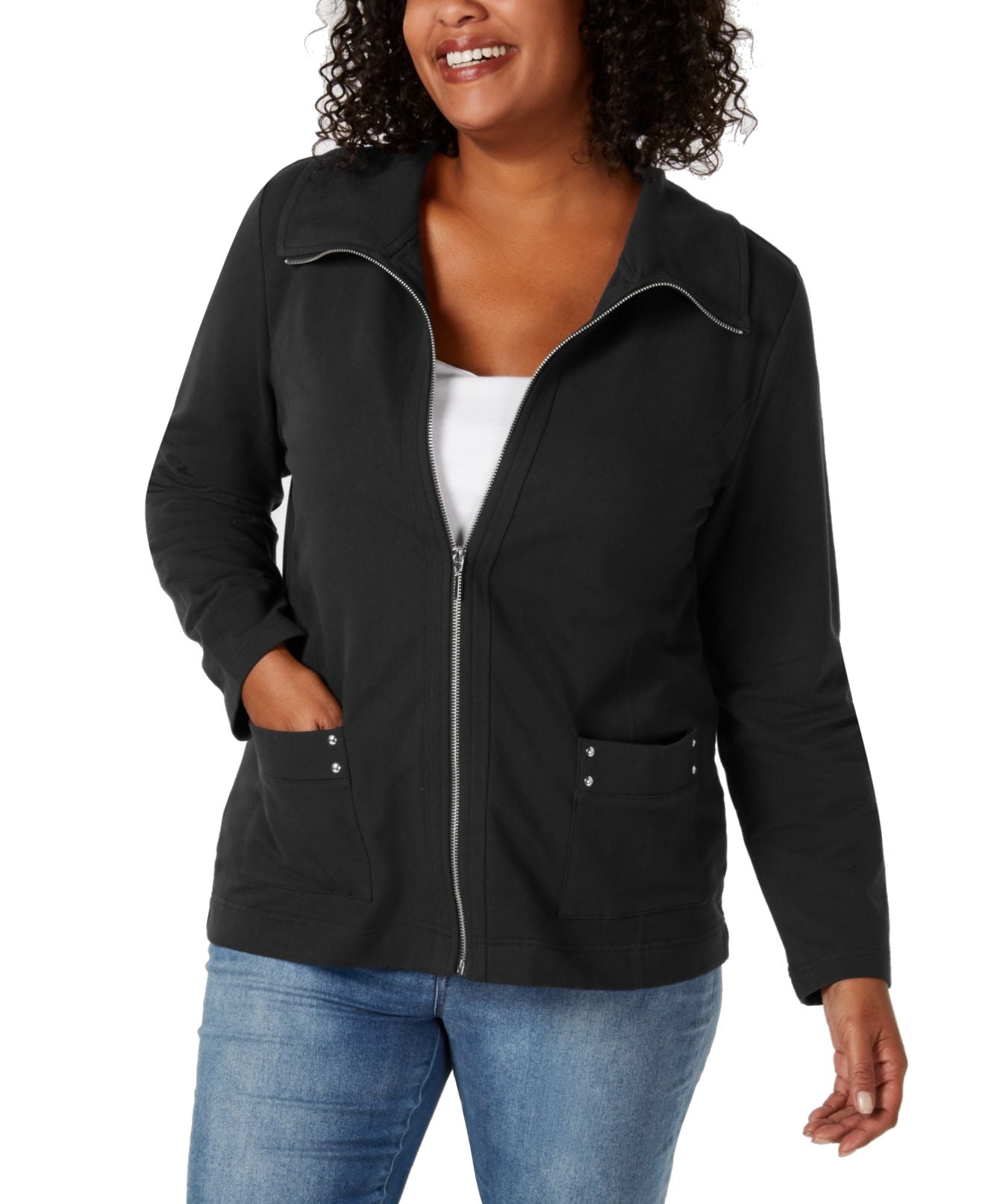 Karen Scott Women's Plus Casual Knit Zip Front Jacket Black Size 1X