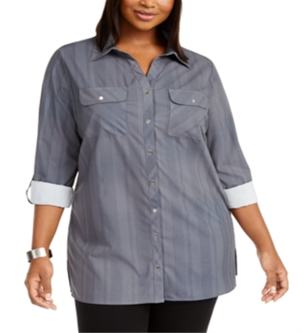 NY Collection Women's Plus Striped Utility Shirt Blue Size 1X