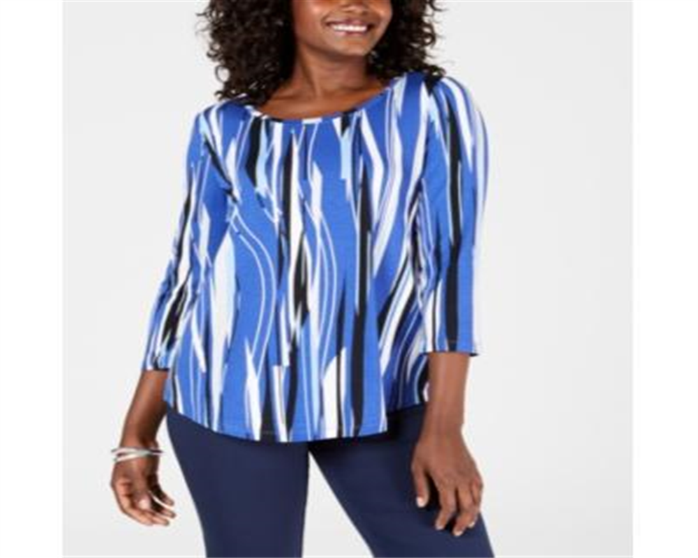 JM Collection Women's Printed 3/4 Sleeve Top Blue Size Medium