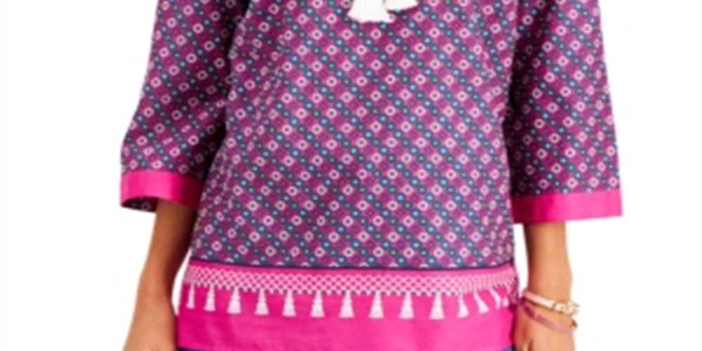Charter Club Women's Blouse Split Neck Tassel Tunic Pink Size Medium