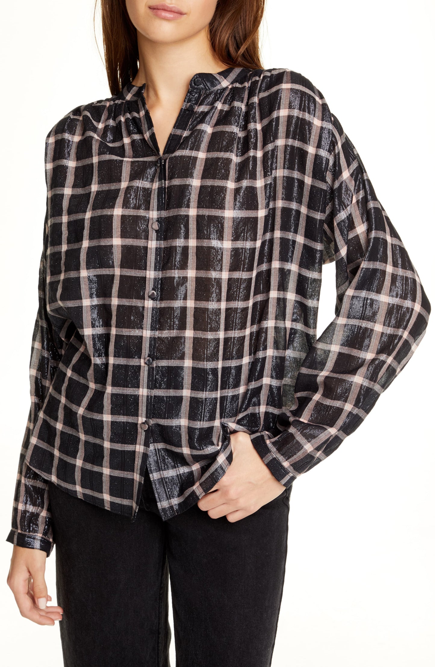 Rebecca Taylor Women's Plaid Long Sleeve Button up Top Black Size X-Small