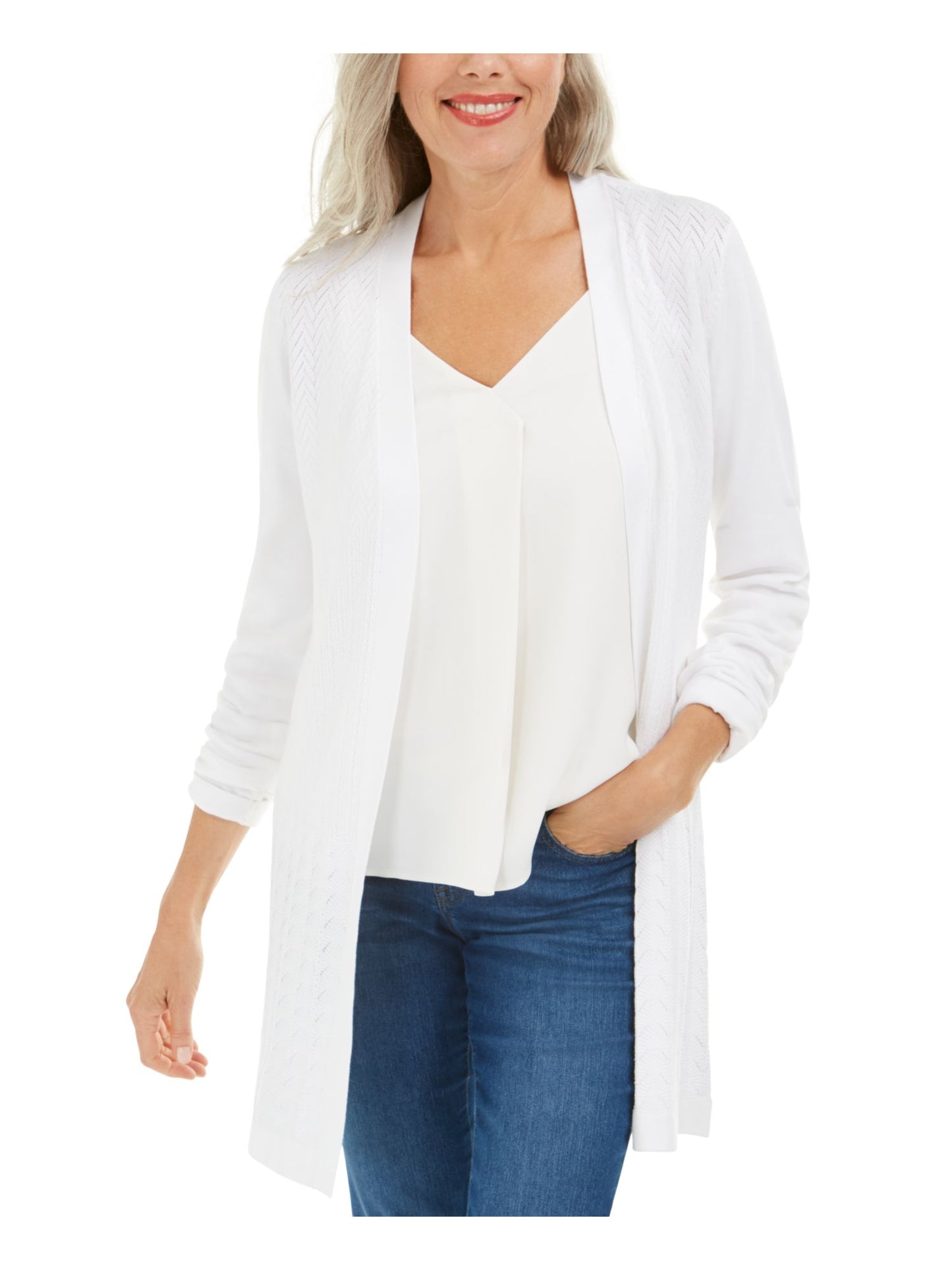 Karen Scott Women's Open Stitch Cardigan White Size Small