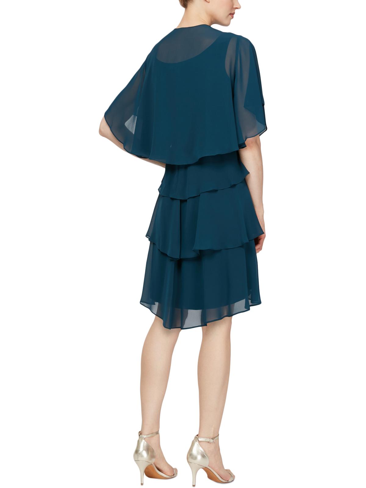 Slny Women's Teal Ruffled Short Sleeve Jewel Neck Above the Knee Sheath Formal Dress Blue Size 14