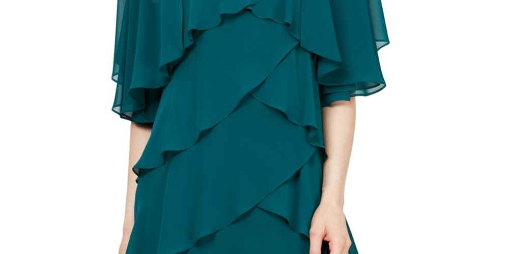 Slny Women's Teal Ruffled Short Sleeve Jewel Neck Above the Knee Sheath Formal Dress Blue Size 14