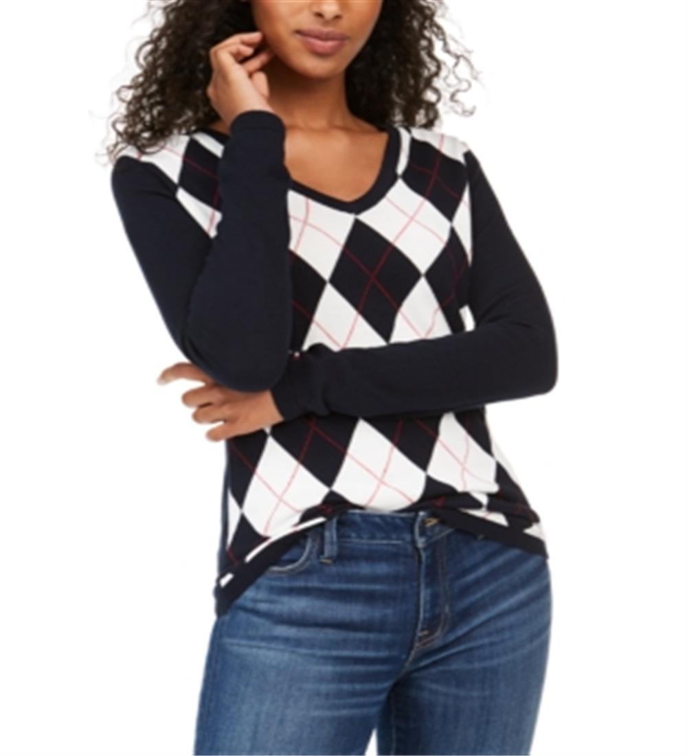Tommy Hilfiger Women's Long Sleeve V Neck Argyle Front Sweater Navy Size M