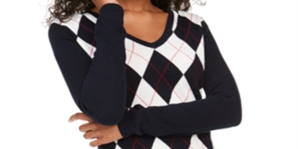 Tommy Hilfiger Women's Long Sleeve V Neck Argyle Front Sweater Navy Size M