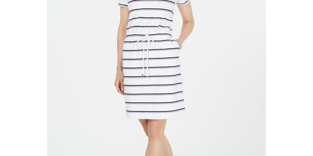 Charter Club Petite Striped Terry Drawstring Dress Black Size S