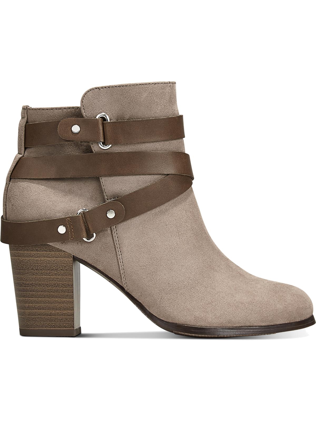 Material Girl Women's Buckled Strap Hardware Detail Cushioned Melany Round Toe Block Heel Zip up Booties Brown Size 9.5 M