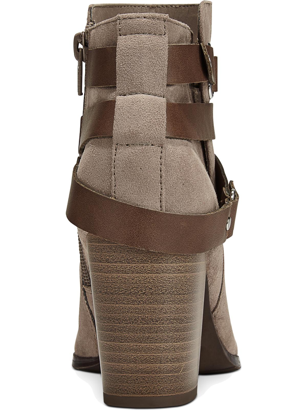 Material Girl Women's Buckled Strap Hardware Detail Cushioned Melany Round Toe Block Heel Zip up Booties Brown Size 9.5 M