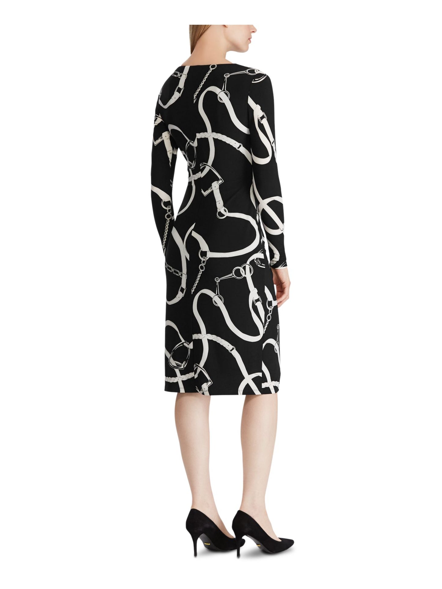 Lauren Ralph Lauren Women's Printed Long Sleeve V Neck Below the Knee Sheath Evening Dress Black Size 4