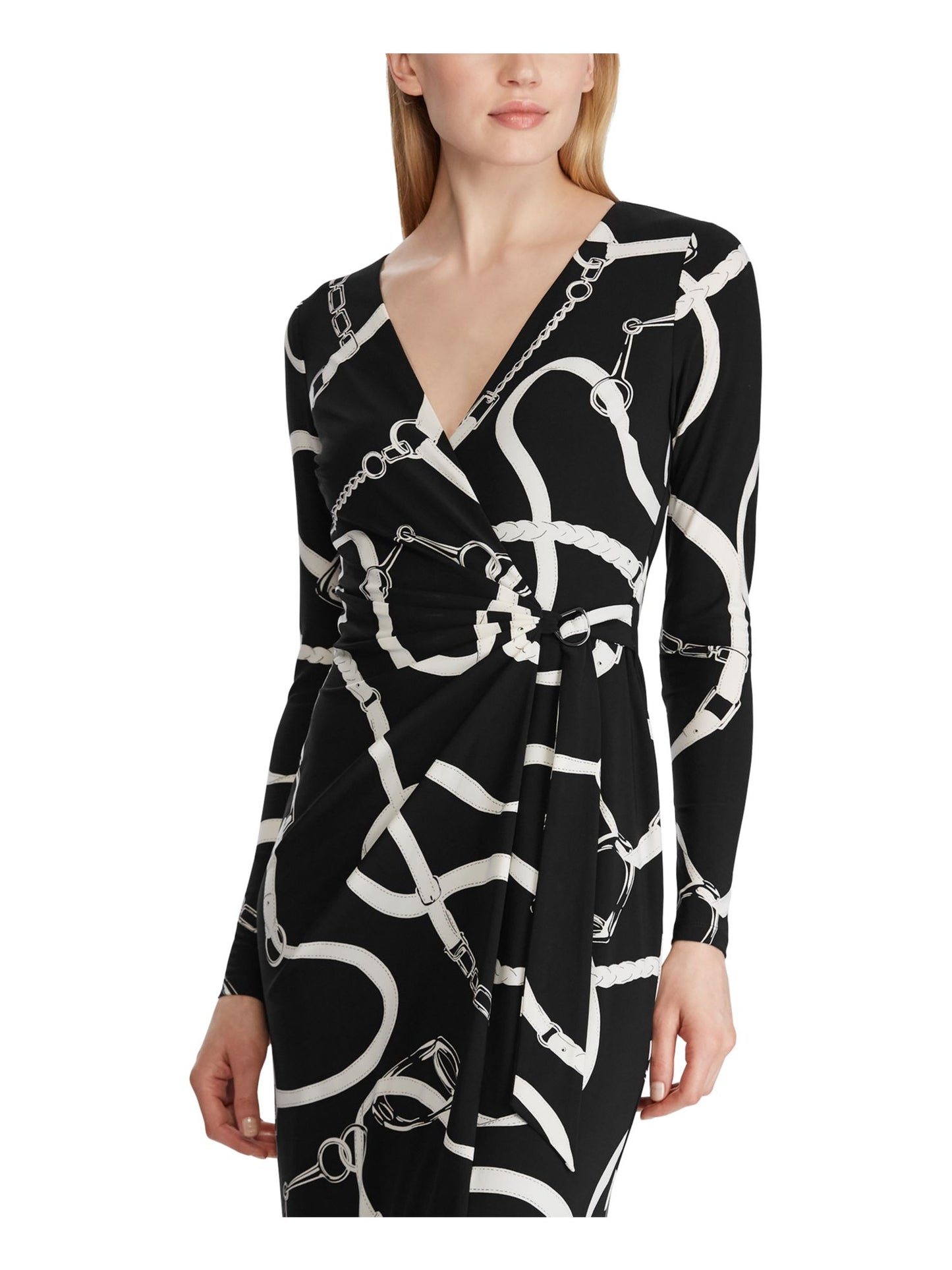 Lauren Ralph Lauren Women's Printed Long Sleeve V Neck Below the Knee Sheath Evening Dress Black Size 4