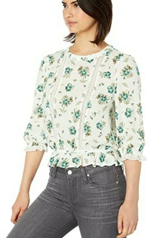 1.STATE Women's Floral-Print Lace-Inset Top Ivory Multi Size Small