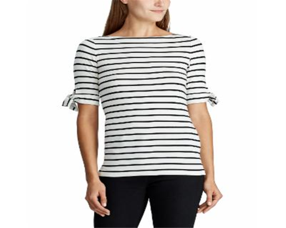 Lauren Ralph Lauren Women's Striped Boat Neck Blouse Top Ivory Size XL