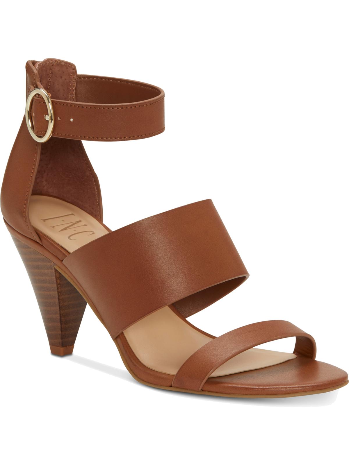 INC Women's Memory Foam Sock Strappy Bold Buckle Adjustable Strap Cushioned Gavi Almond Toe Cone Heel Zip-up Dress Sandals Brown Size 9 M