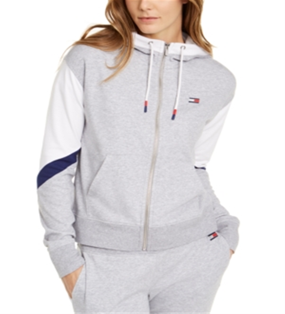 Tommy Hilfiger Women's Zippered Color Block Long Sleeve Hooded Top Gray Size Small