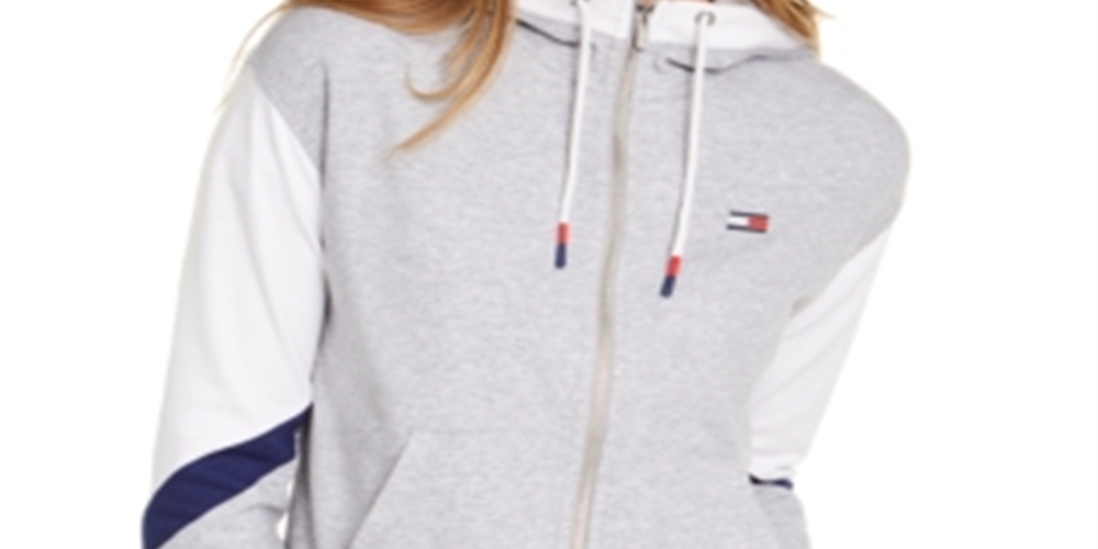 Tommy Hilfiger Women's Zippered Color Block Long Sleeve Hooded Top Gray Size Small