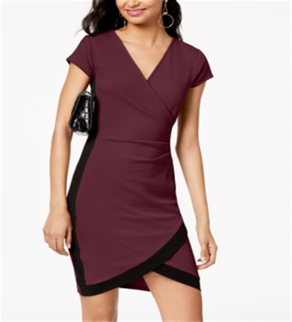 Crave Fame Women's Embroidered Cap Sleeve V Neck Above the Knee Faux Wrap Dress Purple Size X-Large
