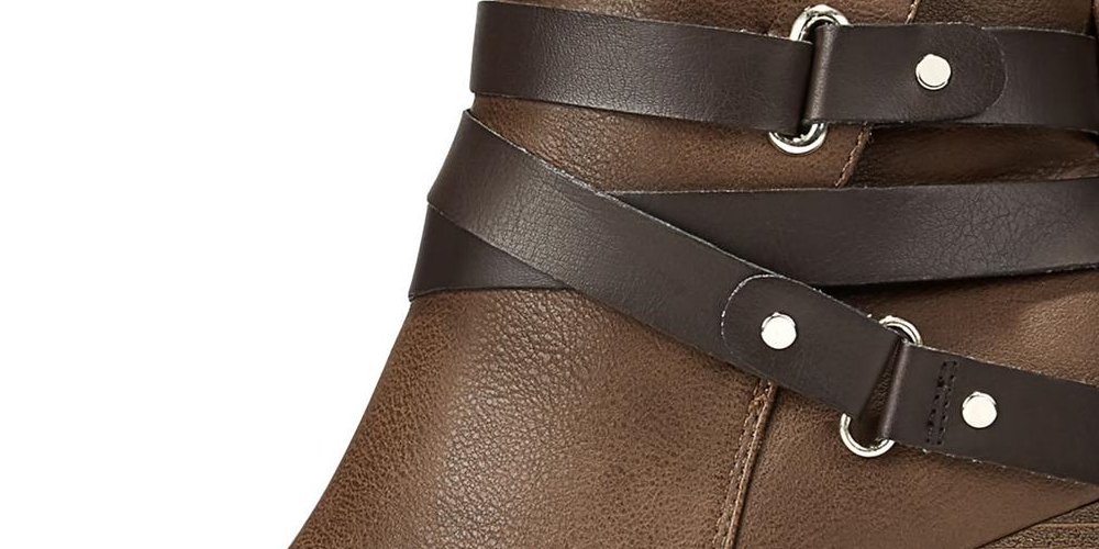 Material Girl Women's Strappy Cushioned Buckle Accent Melany Round Toe Block Heel Zip up Booties Brown Size 6.5 M