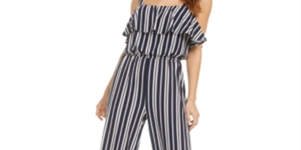 Bar III Women's Ruffle Trim Striped Jumpsuit Blue Size S