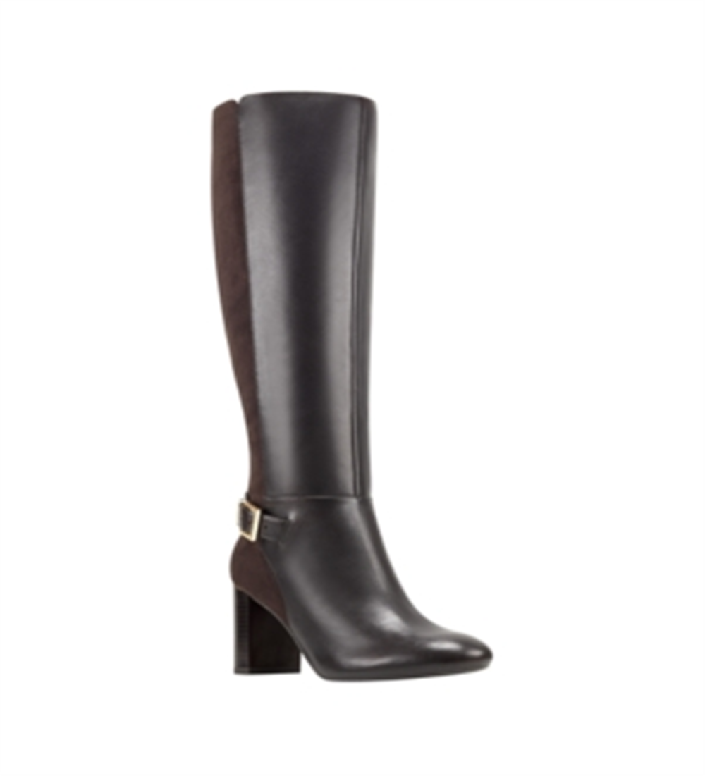 Bandolino Women's Buckle Accent Cushioned Bilya Almond Toe Block Heel Zip up Leather Heeled Boots Dark Brown Size 8 M