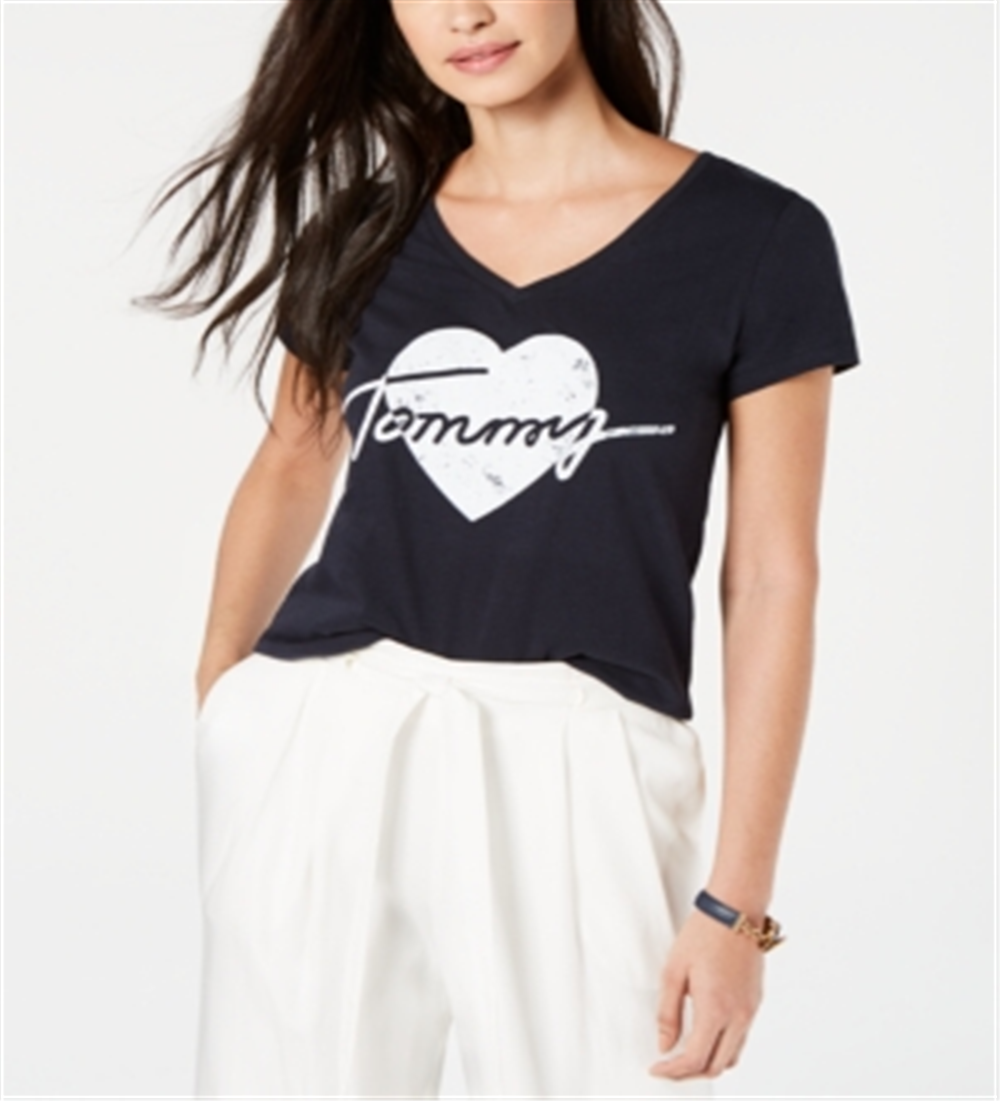 Tommy Hilfiger Women's Heart-Logo Graphic T-Shirt Sky Captain Size Large