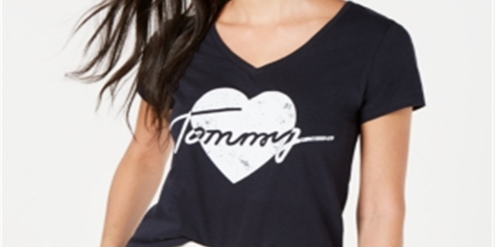 Tommy Hilfiger Women's Heart-Logo Graphic T-Shirt Sky Captain Size Large