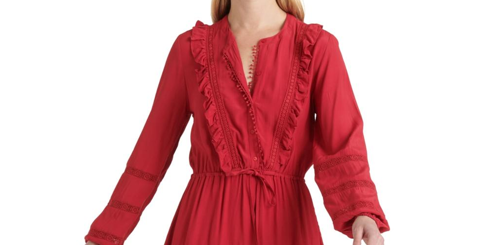 Lucky Brand Women's Parker Mini Dress Picot Trim Ruffled Red Size Medium