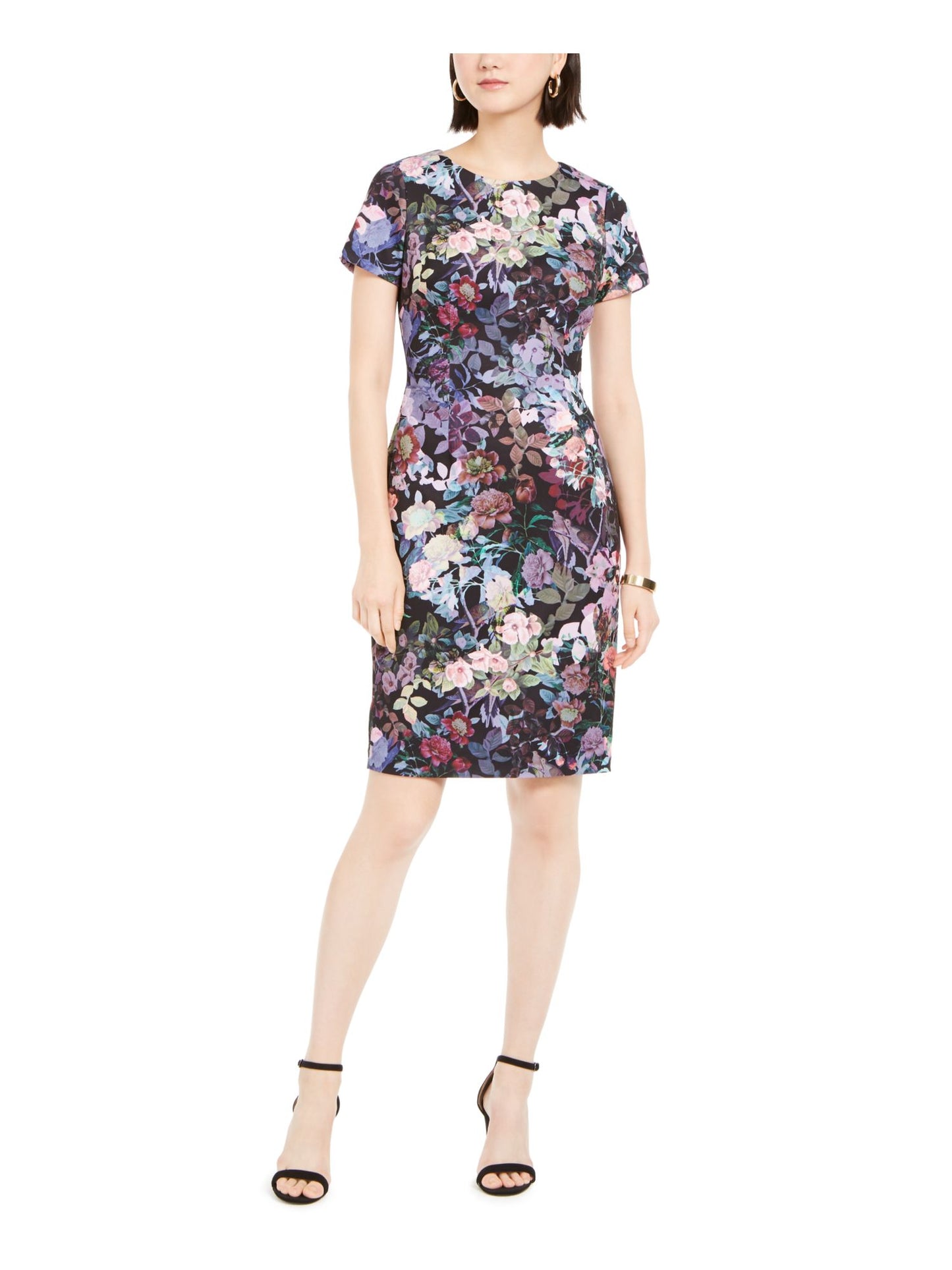 Adrianna Papell Women's Zippered Floral Short Sleeve Jewel Neck Above the Knee Sheath Party Dress Black Size 2