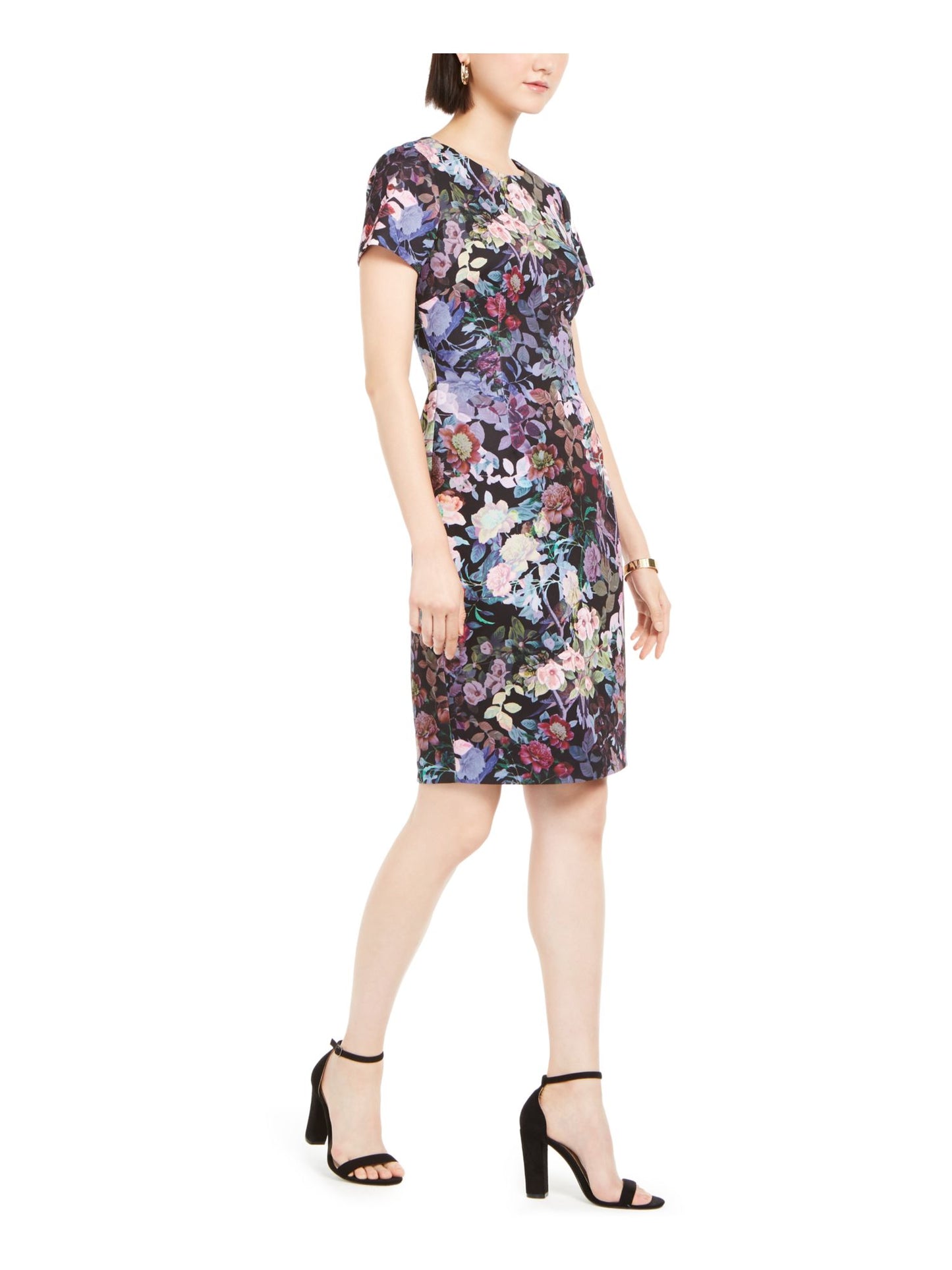 Adrianna Papell Women's Zippered Floral Short Sleeve Jewel Neck Above the Knee Sheath Party Dress Black Size 2