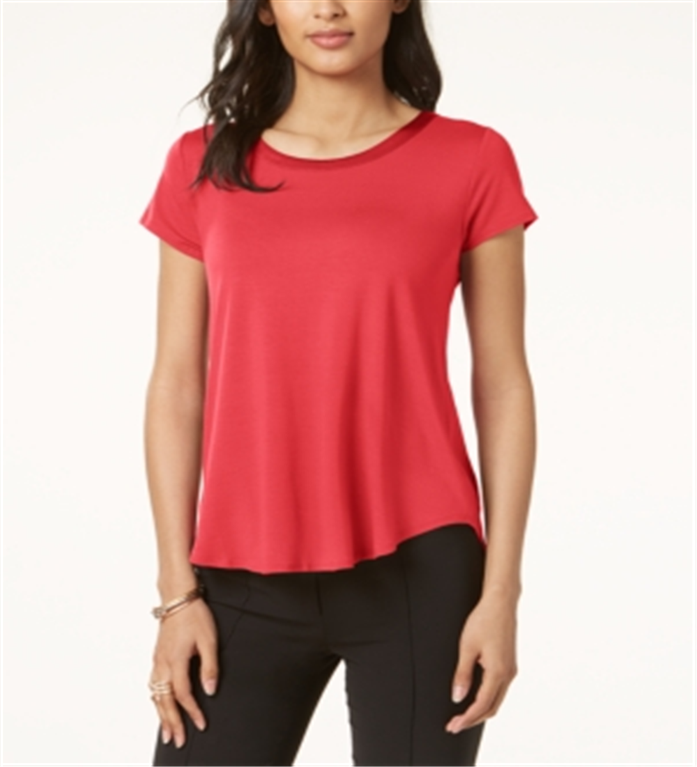 अल्फ़ानी महिलाओं के सिल्क सॉलिड शॉर्ट स्लीव ज्वेल नेक हाई लो टॉप लाल साइज़ स्मॉल