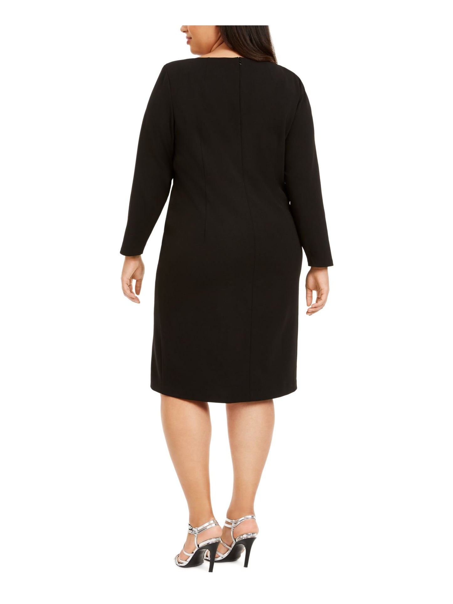 Calvin Klein Women's Embellished Slitted Long Sleeve Jewel Neck Below the Knee Wear to Work Sheath Dress Black Size 16W